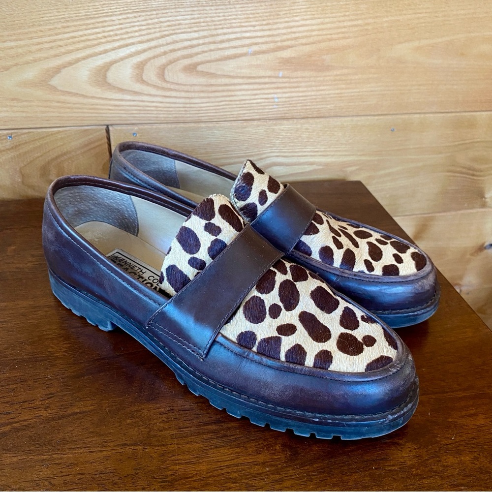 Kenneth Cole Reaction Leopard Pony Hair Brown Leather Loafers
